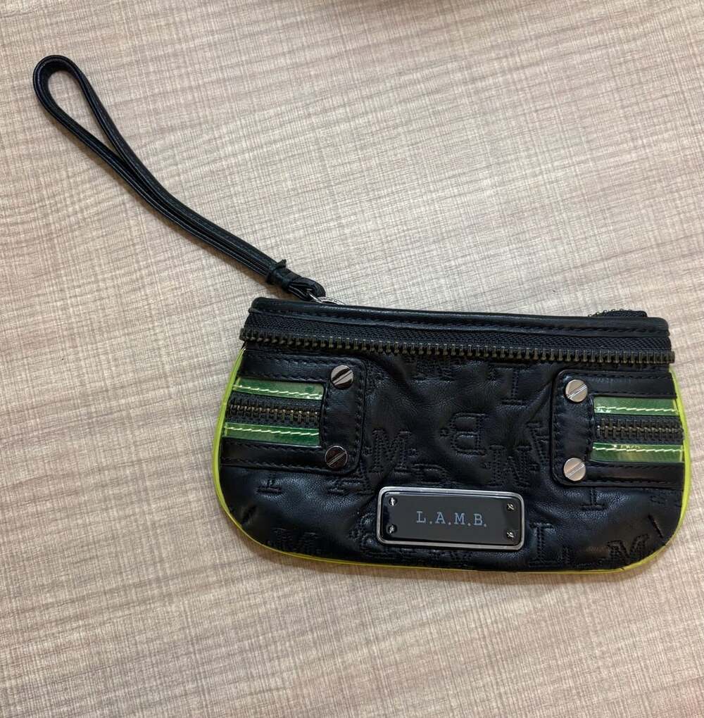 L.A.M.B. Gwen Stefani Black Leather Wristlet Clutch Wallet with Green Accents